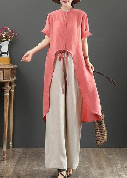 Loose Stand Collar Asymmetric Linen Shirts Tutorials Red Tops