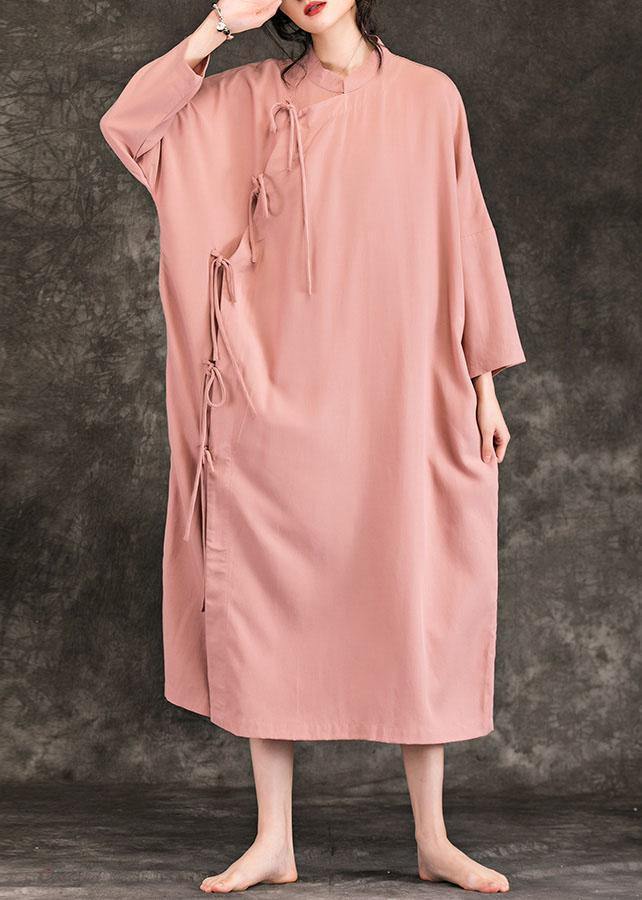 Loose Stand Collar Long Sleeve Cotton Quilting Clothes Photography Pink Loose Dresses Spring