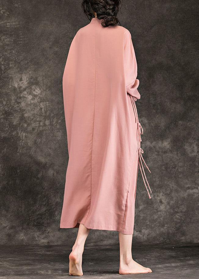 Loose Stand Collar Long Sleeve Cotton Quilting Clothes Photography Pink Loose Dresses Spring