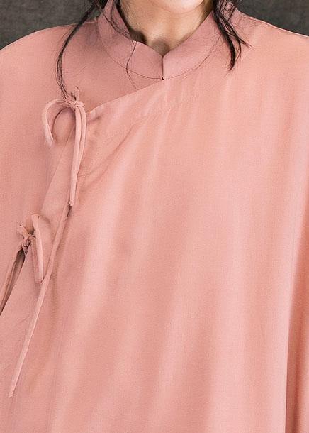 Loose Stand Collar Long Sleeve Cotton Quilting Clothes Photography Pink Loose Dresses Spring