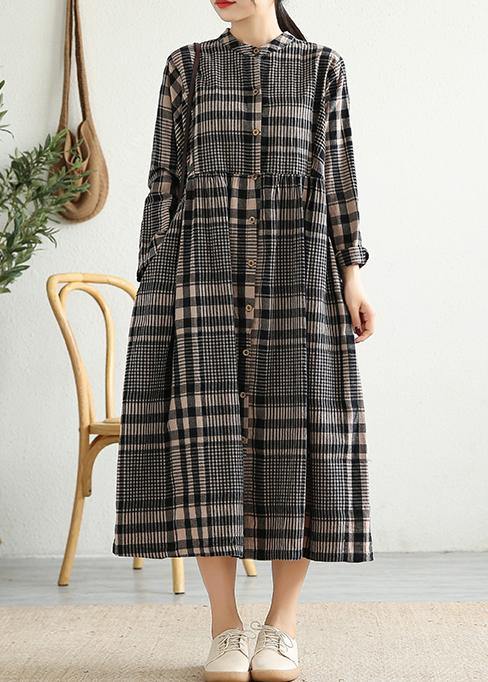 Loose Stand Collar Cinched Linen Tunics Shape Black Plaid Dresses