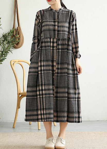 Loose Stand Collar Cinched Linen Tunics Shape Black Plaid Dresses