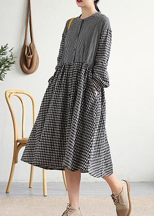 Loose Stand Collar Cinched Linen Tunics Shape Black Plaid Dresses