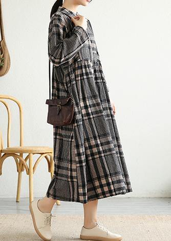 Loose Stand Collar Cinched Linen Tunics Shape Black Plaid Dresses