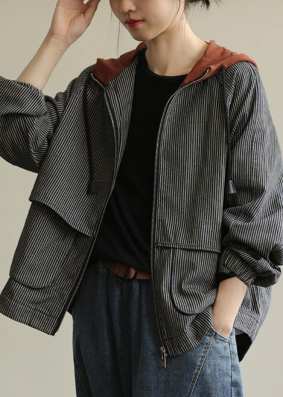 Loose Striped Fine Trench Coat Photography Hooded Patchwork Coats