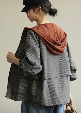 Loose Striped Fine Trench Coat Photography Hooded Patchwork Coats