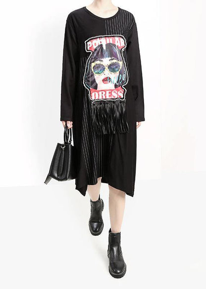 Loose Tassel Cotton Patchwork Quilting Clothes Pattern Black Prints a Line Dresses