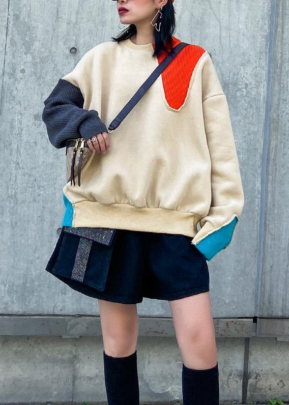 Loose Thick Cotton Patchwork Color Blouses for Wardrobes Khaki Blouse