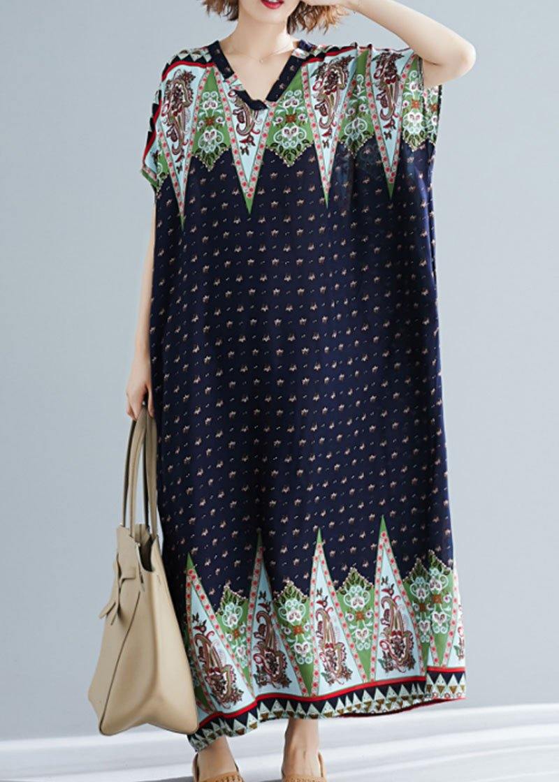 Loose V Neck Clothes Work Blue Print Long Dresses Summer