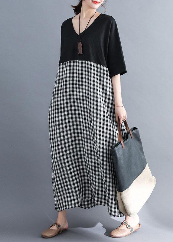 Loose V Neck Cotton Clothes Shirts Black Patchwork Maxi Dresses Summer