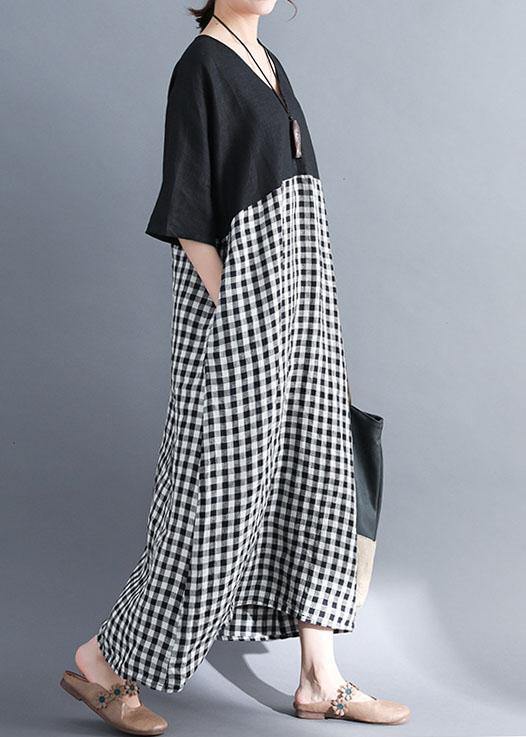 Loose V Neck Cotton Clothes Shirts Black Patchwork Maxi Dresses Summer