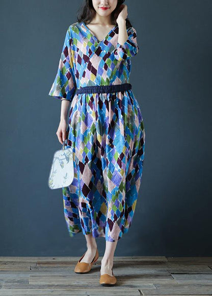 Loose V Neck Drawstring Cotton Summer Dresses Sleeve Plaid Maxi Dresses