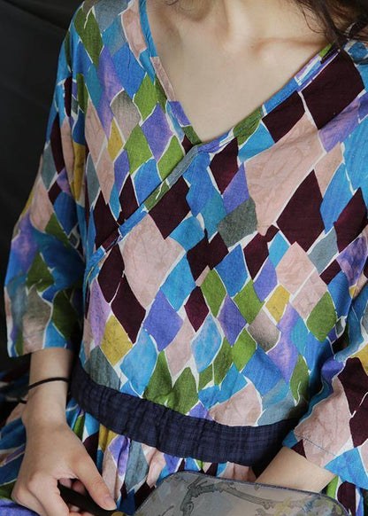 Loose V Neck Drawstring Cotton Summer Dresses Sleeve Plaid Maxi Dresses