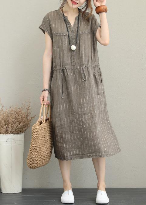 Loose V Neck Drawstring Linen Summer Robes Neckline Kahki Striped Dresses