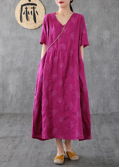 Loose V Neck Embroidery Linen Clothes for Sleeve Rose Dresses