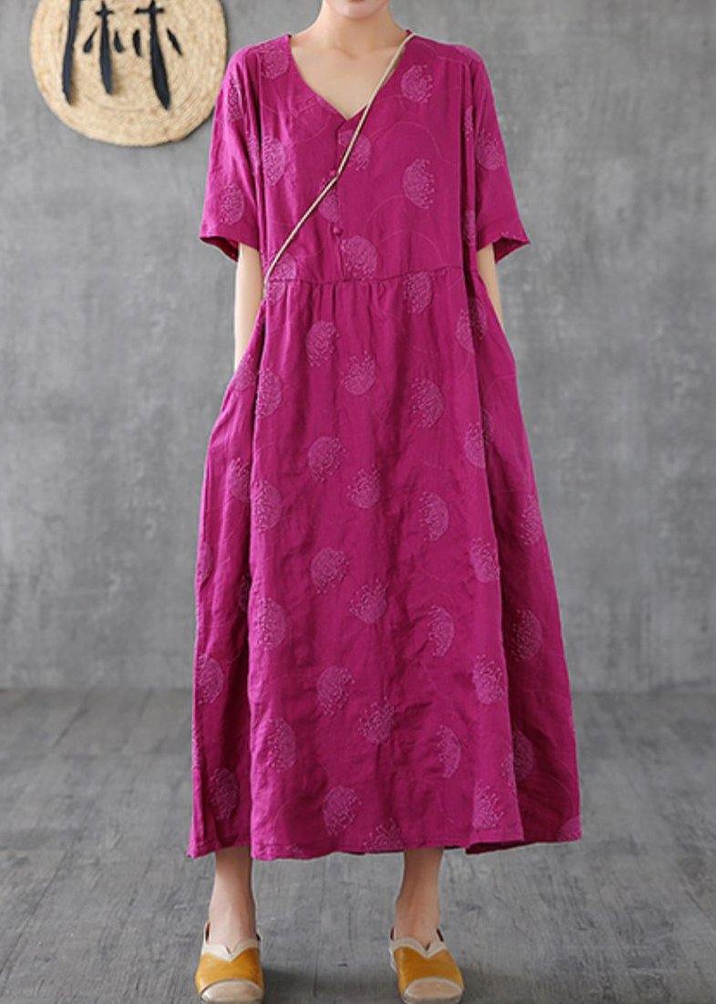 Loose V Neck Embroidery Linen Clothes for Sleeve Rose Dresses
