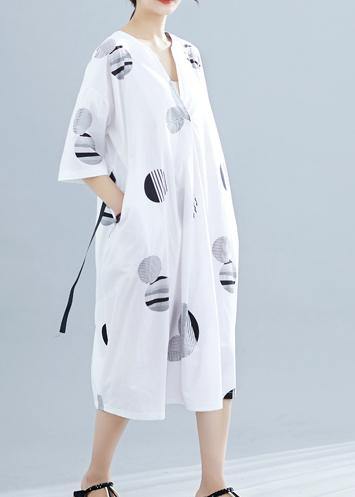 Loose V Neck Half Sleeve Linen Tunics Neckline White Dotted Dress Summer