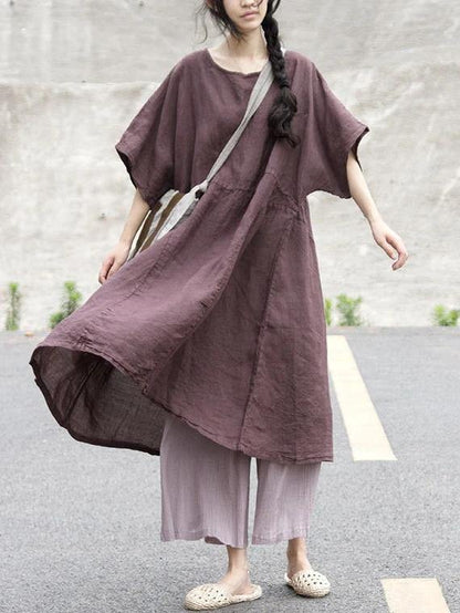 Loose V Neck Patchwork Cotton Linen Clothes for Tutorials Chocolate Dresses