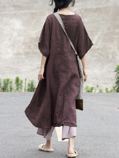 Loose V Neck Patchwork Cotton Linen Clothes for Tutorials Chocolate Dresses