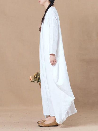 Loose White Cotton Linen Dress O Neck Asymmetric a Line Spring Dresses