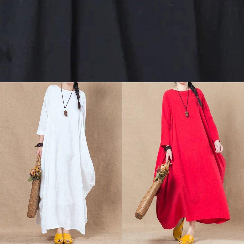 Loose White Cotton Linen Dress O Neck Asymmetric a Line Spring Dresses