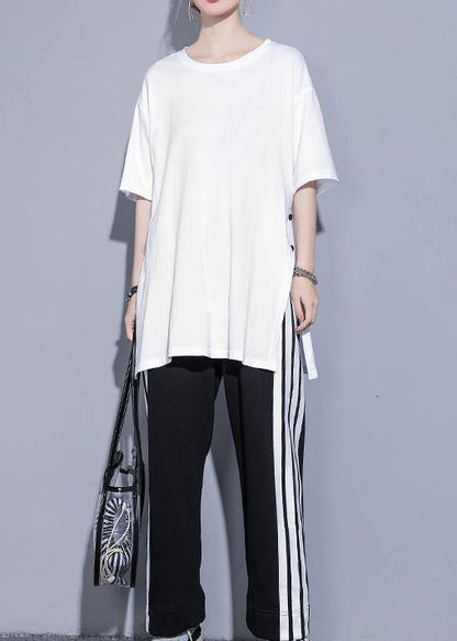 Loose White Cotton Shirts O Neck Side Open Art Summer Top