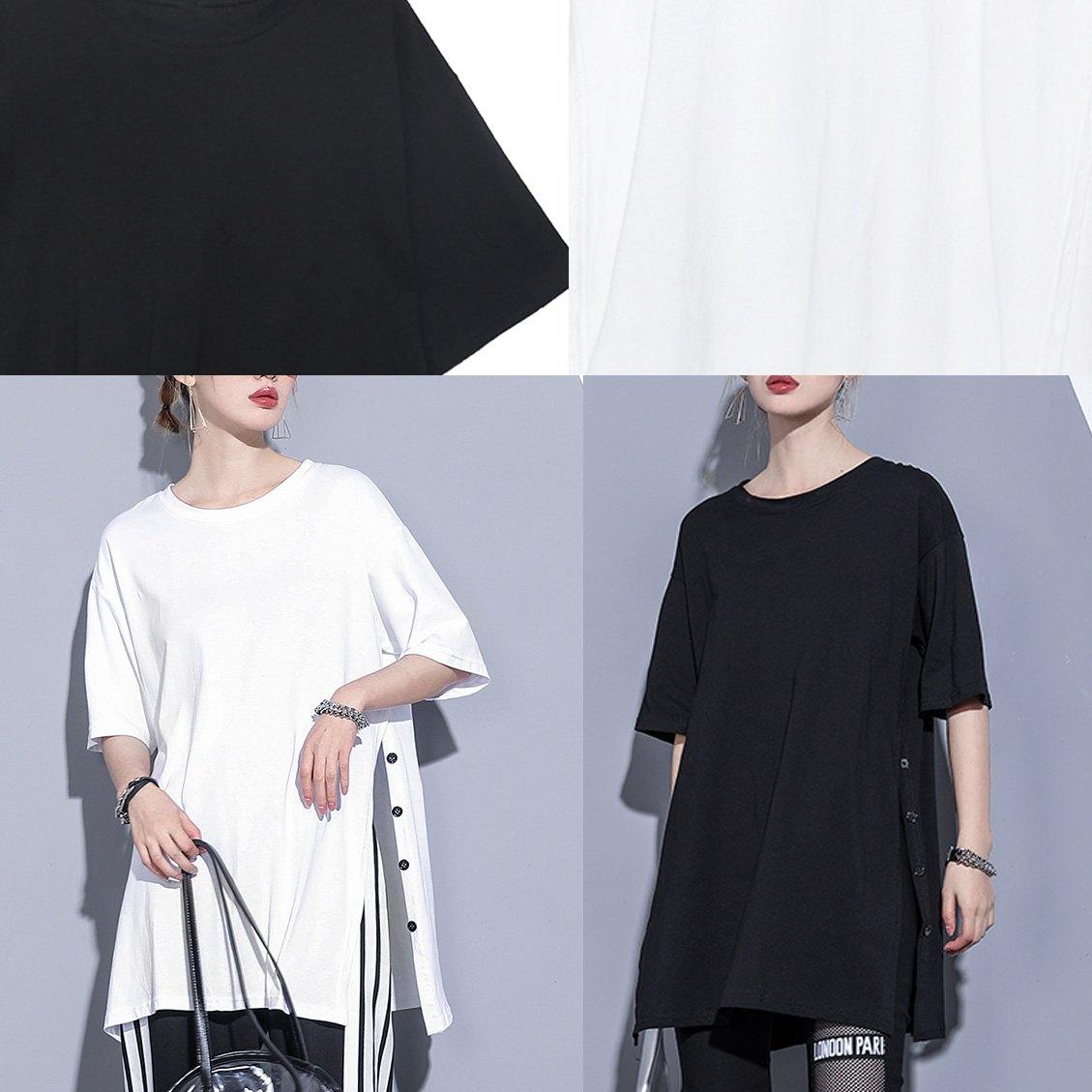 Loose White Cotton Shirts O Neck Side Open Art Summer Top