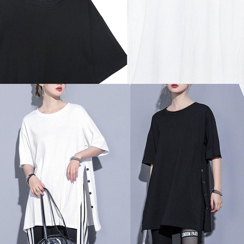 Loose White Cotton Shirts O Neck Side Open Art Summer Top