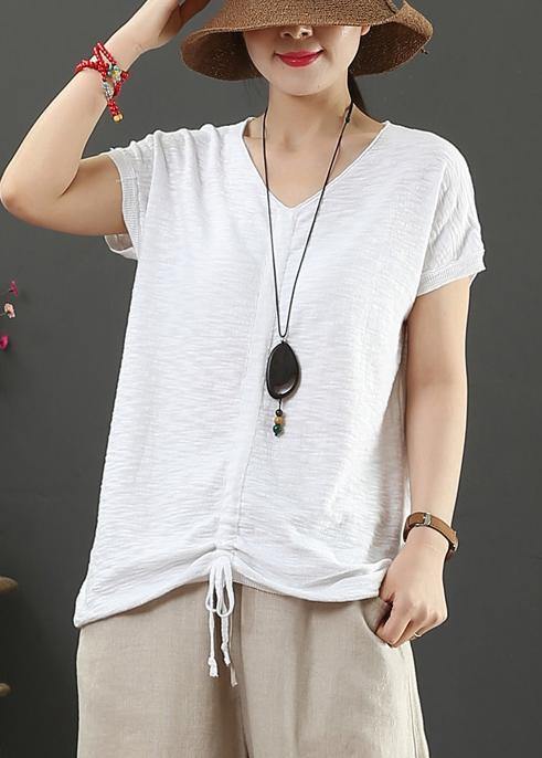 Loose White Cotton Tunic V Neck Drawstring Clothing Tops