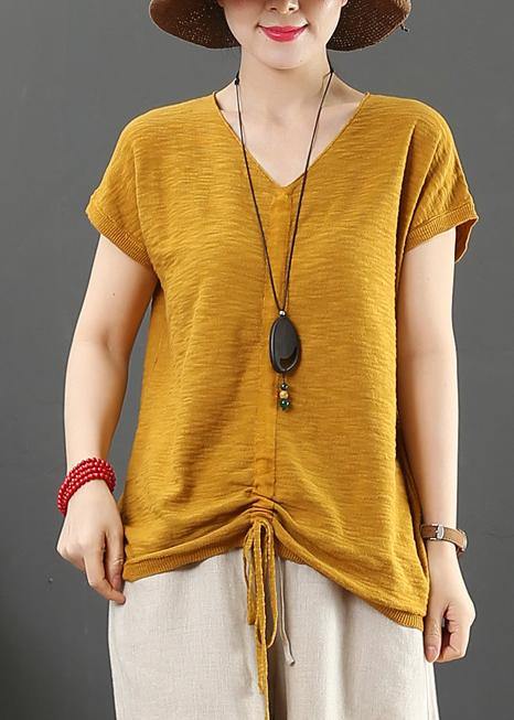 Loose White Cotton Tunic V Neck Drawstring Clothing Tops