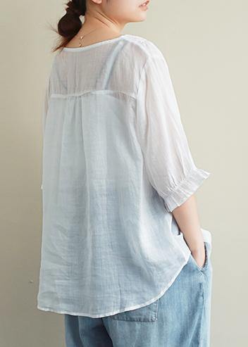 Loose White Embroidery Linen Tops Blouses Lapel Half Sleeve Oversized Top