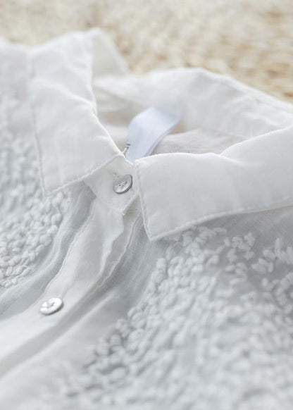Loose White Embroidery Linen Tops Blouses Lapel Half Sleeve Oversized Top