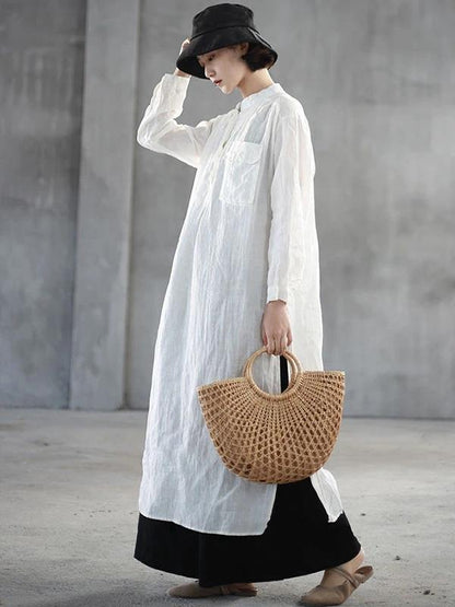 Loose White Linen Quilting Clothes Stand Collar Side Open Art Dresses