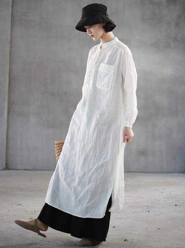 Loose White Linen Quilting Clothes Stand Collar Side Open Art Dresses
