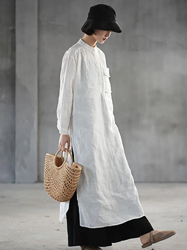 Loose White Linen Quilting Clothes Stand Collar Side Open Art Dresses