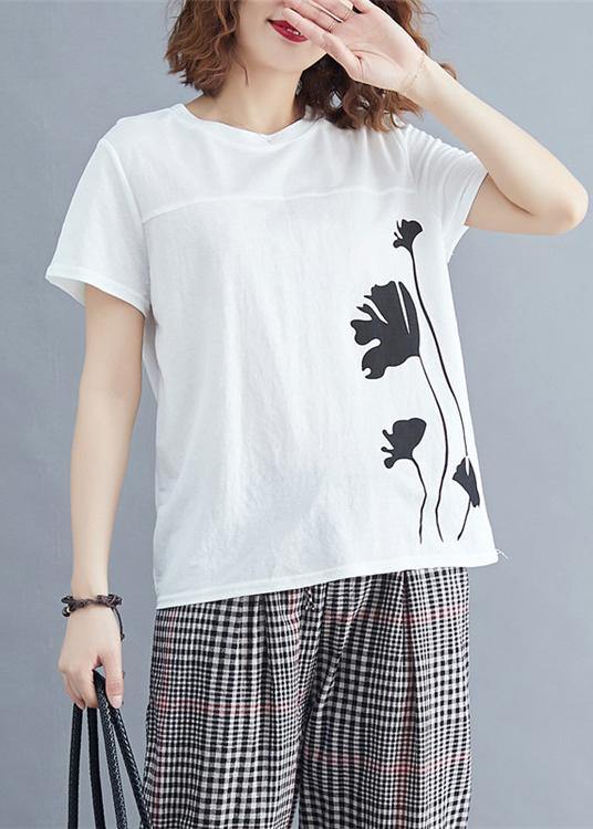 Loose White Print Cotton for O Neck Daily Summer Tops