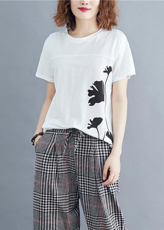 Loose White Print Cotton for O Neck Daily Summer Tops