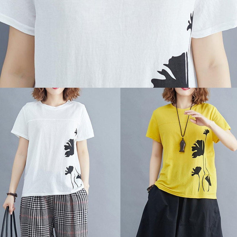 Loose White Print Cotton for O Neck Daily Summer Tops