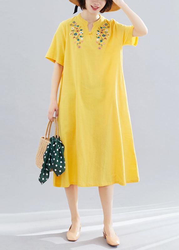 Loose Yellow Embroidery Cotton Clothes for V Neck Dresses Summer Dresses