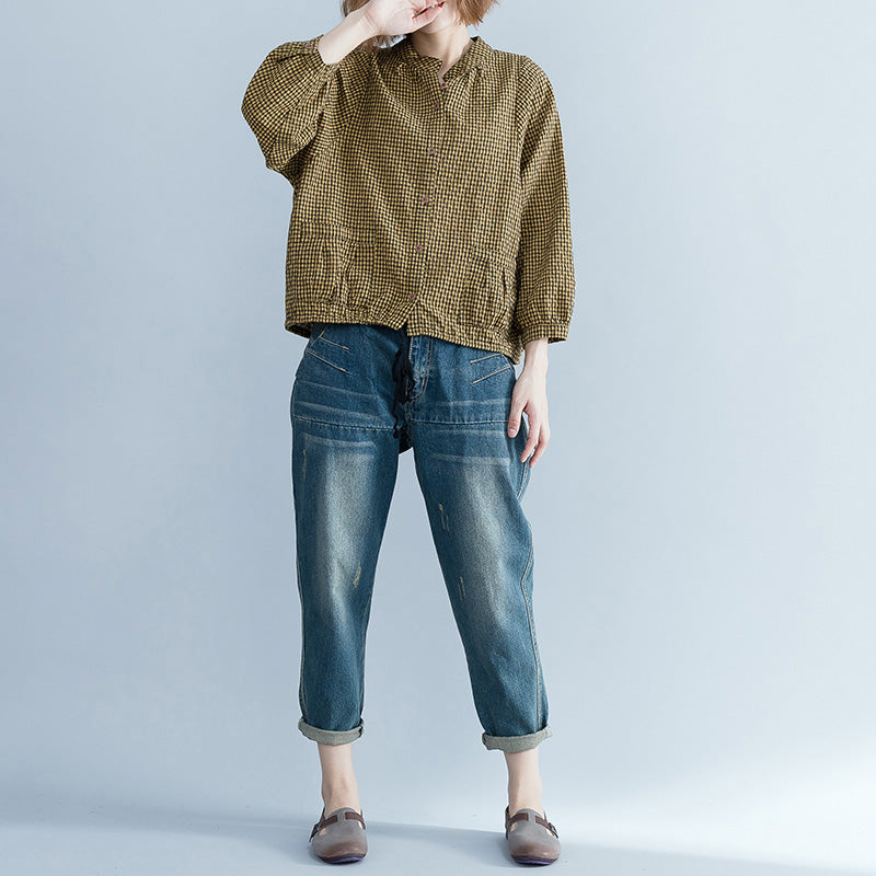 Loose Yellow Linen Long Shirts Tutorials Long Sleeve Loose Stand Collar Blouses