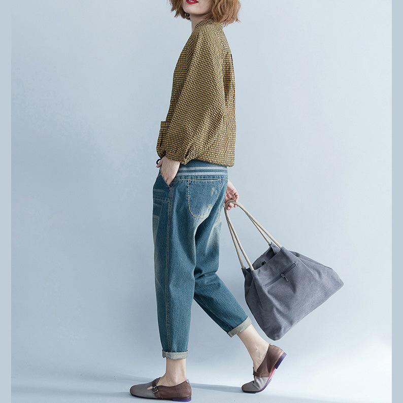 Loose Yellow Linen Long Shirts Tutorials Long Sleeve Loose Stand Collar Blouses
