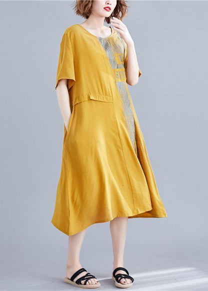 Loose Yellow Print Cotton Outfit O Neck Pockets Long Summer Dresses