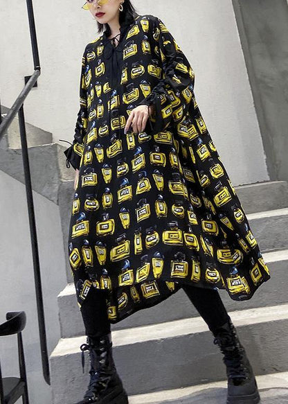 Loose Yellow Prints Chiffon Outfit Drawstring Long Patchwork Dresses