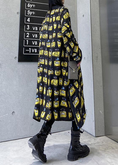 Loose Yellow Prints Chiffon Outfit Drawstring Long Patchwork Dresses