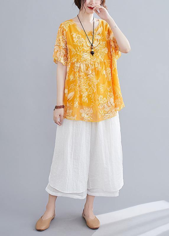Loose Yellow Small Cotton and Linen Top + Wide Leg Pants Two Pieces