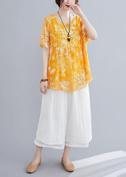 Loose Yellow Small Cotton and Linen Top + Wide Leg Pants Two Pieces