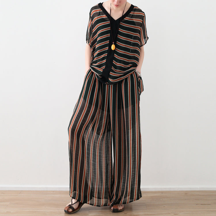 Loose Yellow Striped Ideas Wide Leg Pants Pockets Long Summer Pants