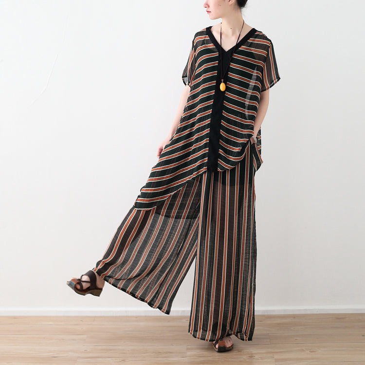 Loose Yellow Striped Ideas Wide Leg Pants Pockets Long Summer Pants