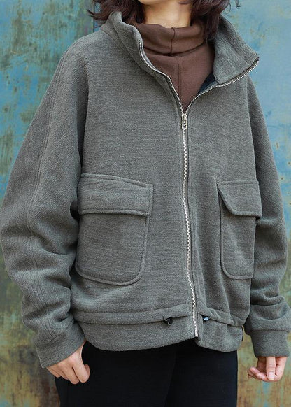 Loose Zippered High Neck Coats Army Green Daily Outwear