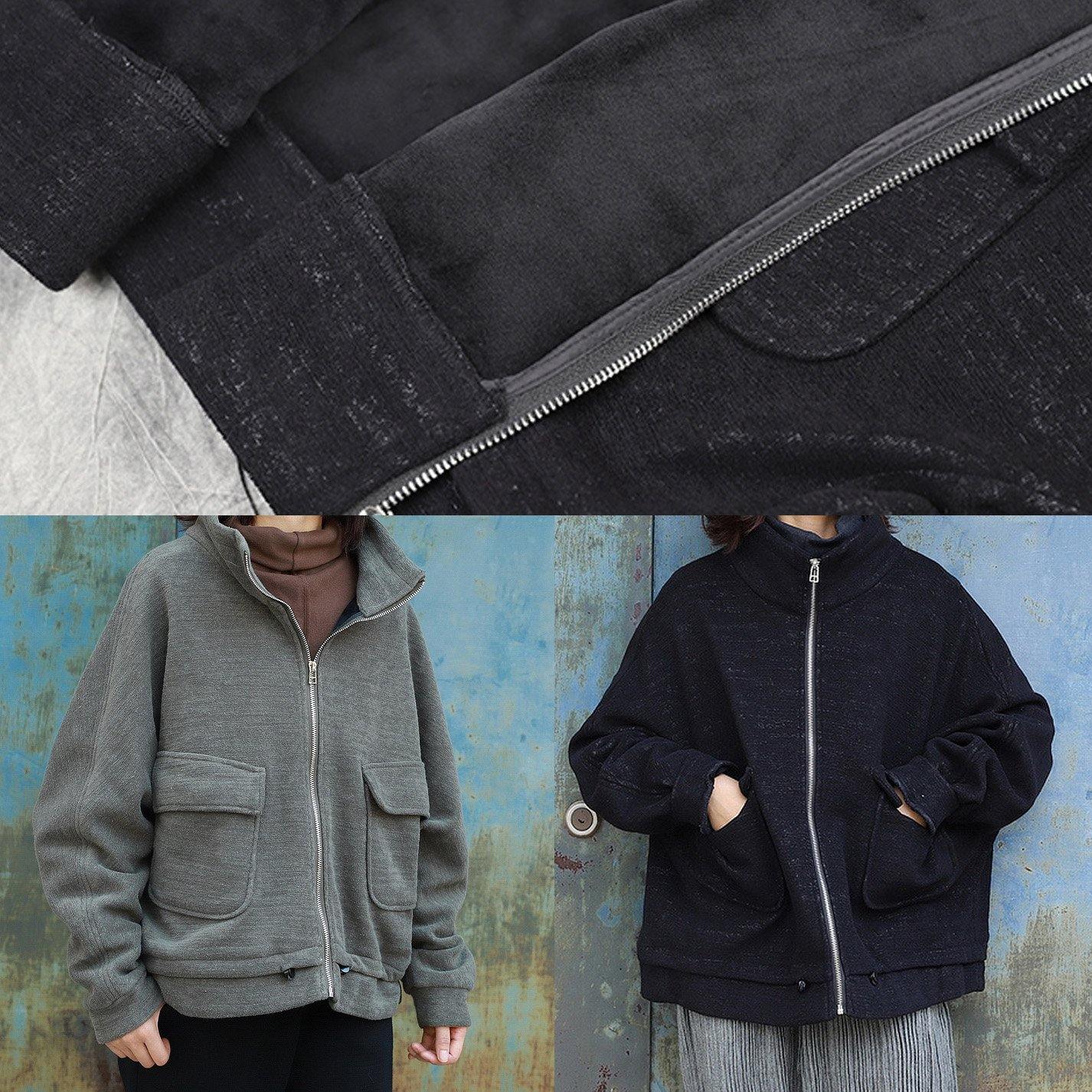 Loose Zippered High Neck Coats Army Green Daily Outwear